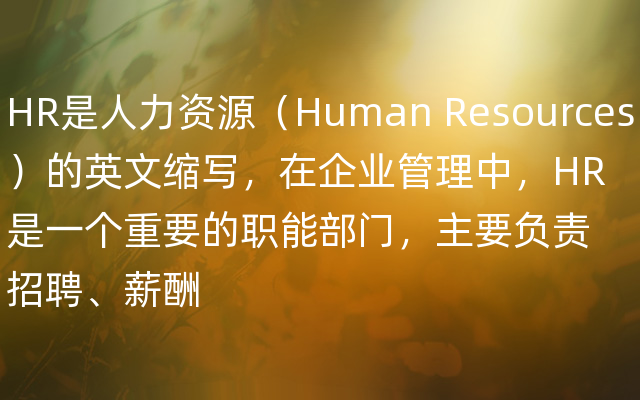 HR是人力资源（Human Resources）的英文缩写，在企业管理中，HR是一个重要的职能部门，主要负责招聘、薪酬