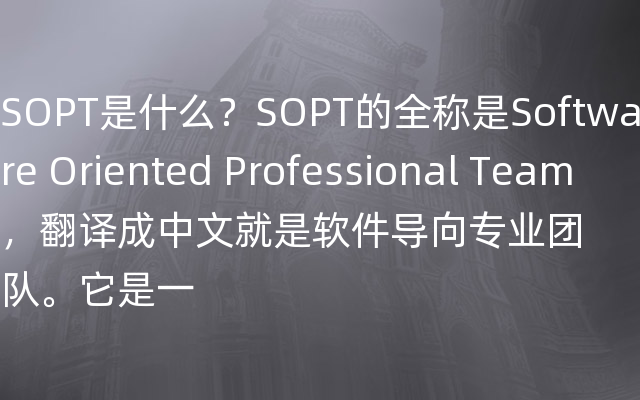 SOPT是什么？SOPT的全称是Software Oriented Professional Team，翻译成中文就是软件导向专业团队。它是一