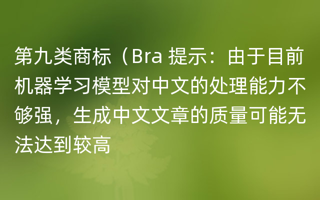 第九类商标（Bra 提示：由于目前机器学习模型对中文的处理能力不够强，生成中文文章的质量可能无法达到较高